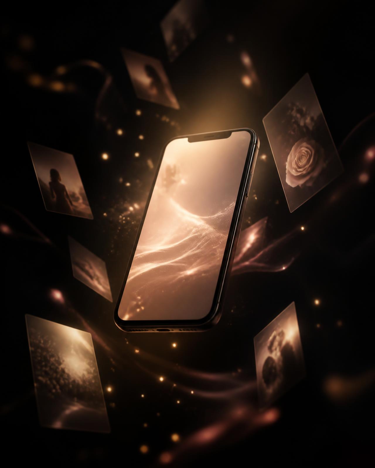 A private digital surprise opening on a phone, surrounded by floating memory cards and warm light